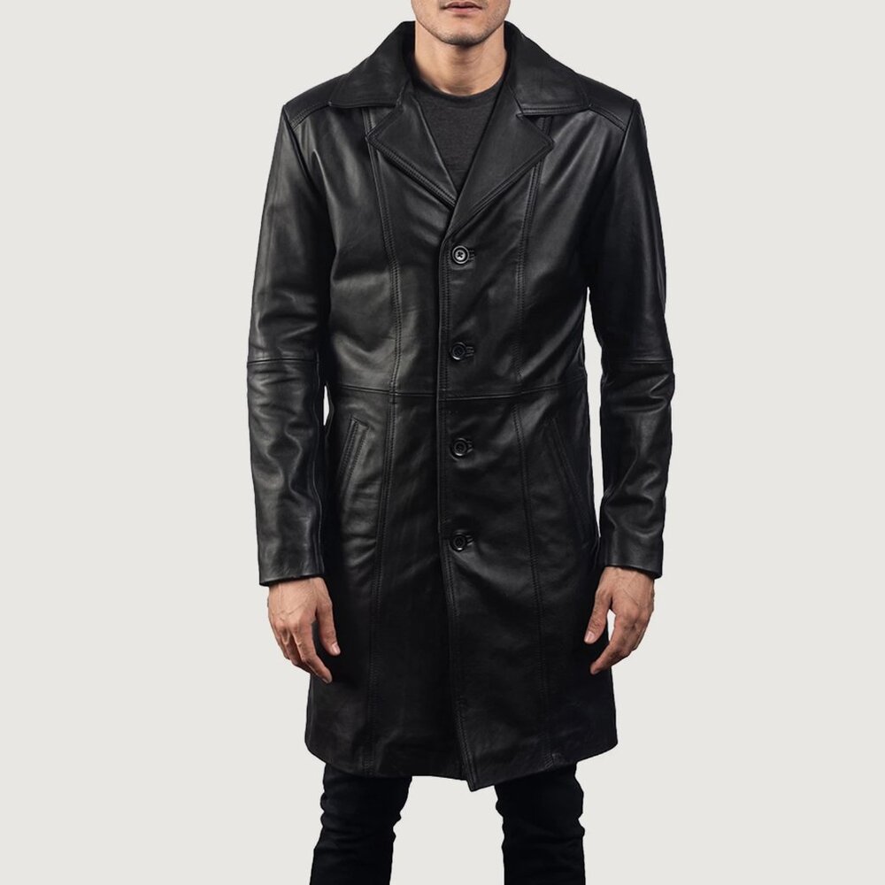 Men's Black Leather Coat Sz 42